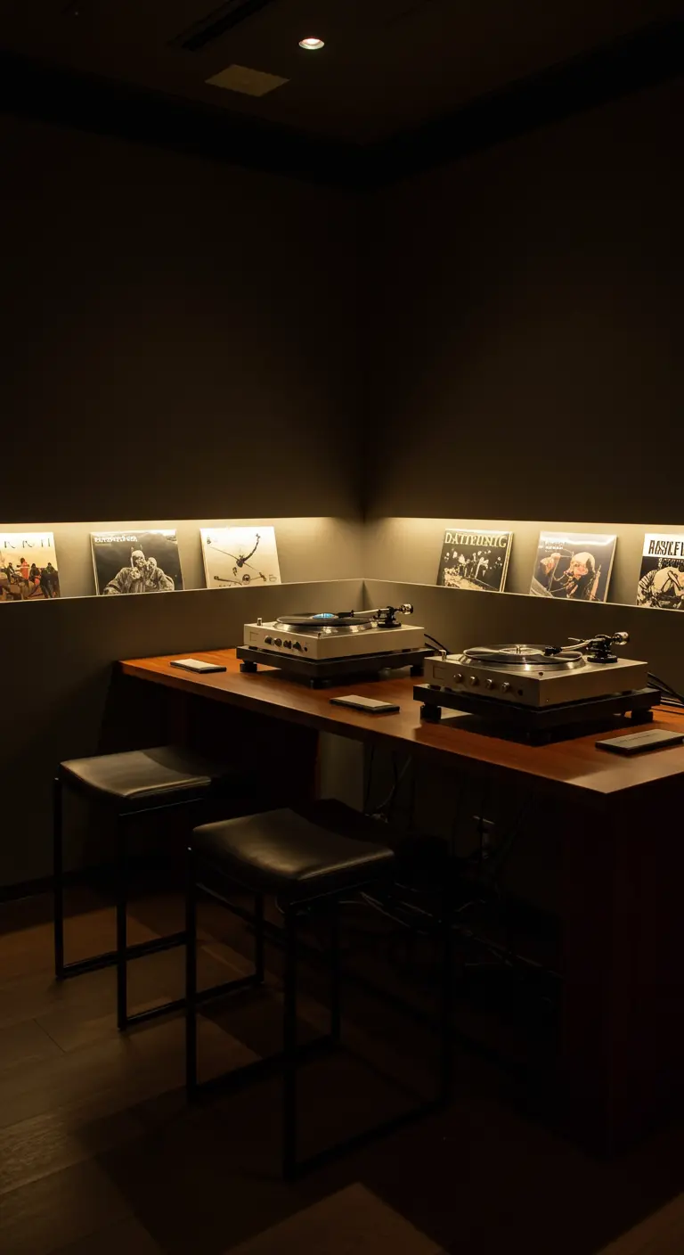 Rincón de DJ minimalista con platos giratorios sobre una mesa de madera y vinilos iluminados en una hornacina.