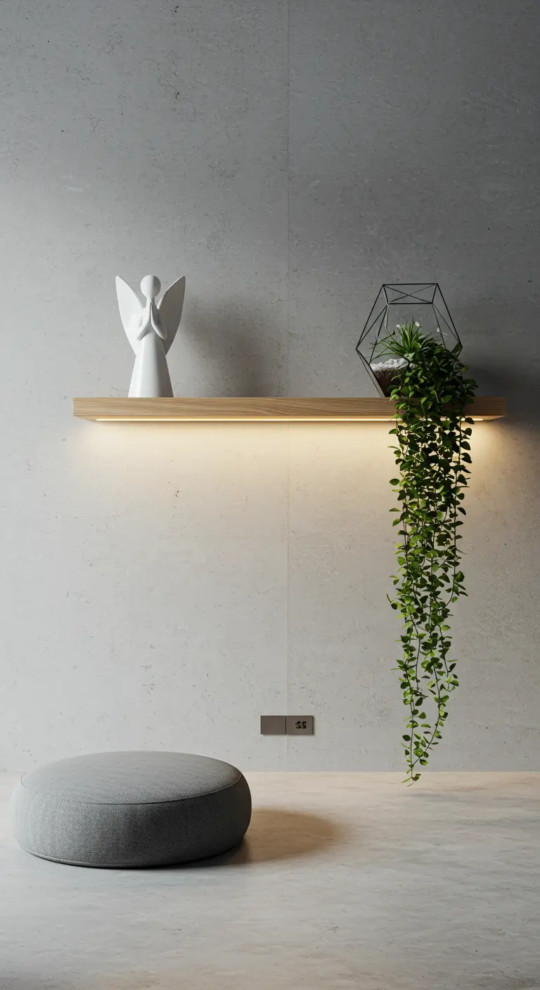 Rincón de oración minimalista con estante flotante iluminado, ángel y planta colgante.