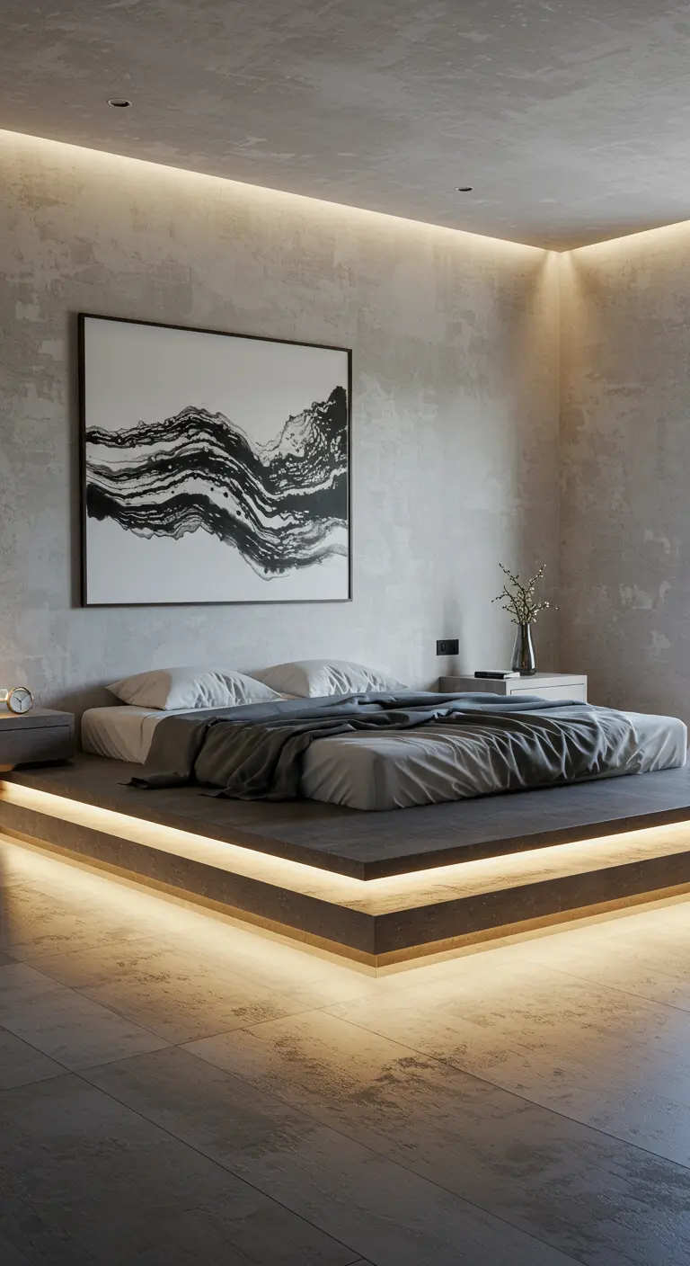Dormitorio de estilo industrial con paredes de cemento, cama-plataforma y arte abstracto.