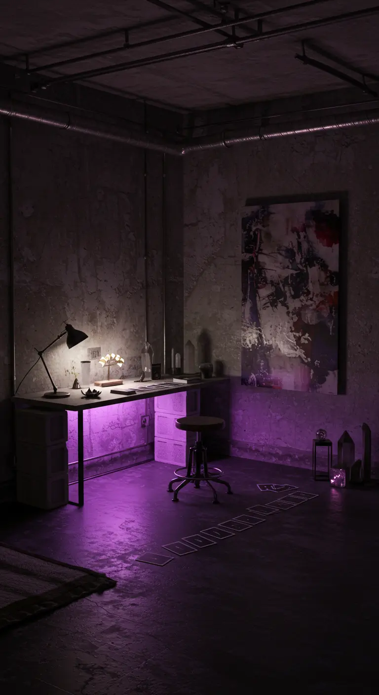 Rincón de estilo industrial con paredes de hormigón, un escritorio metálico y luz morada inferior.