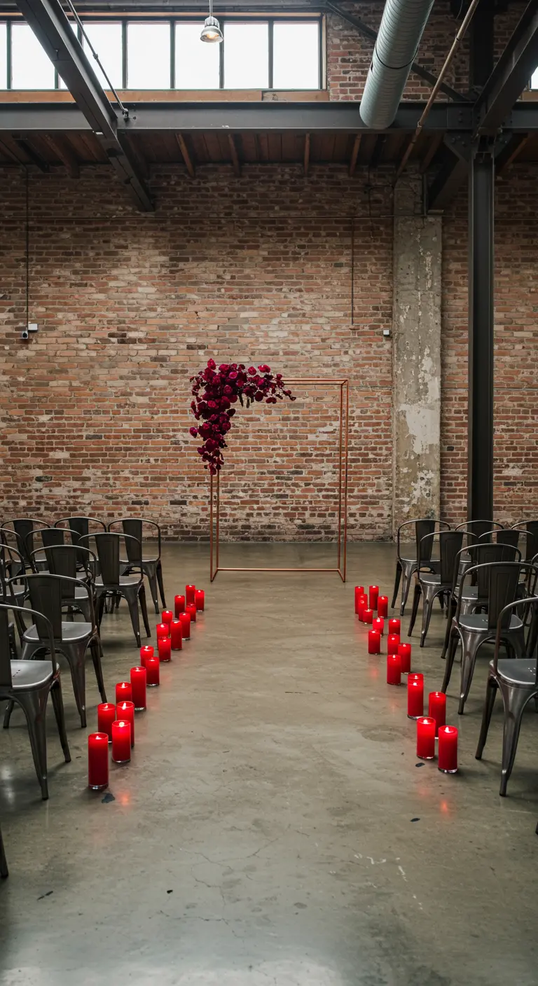 Pasillo de velas rojas en un espacio industrial con paredes de ladrillo.