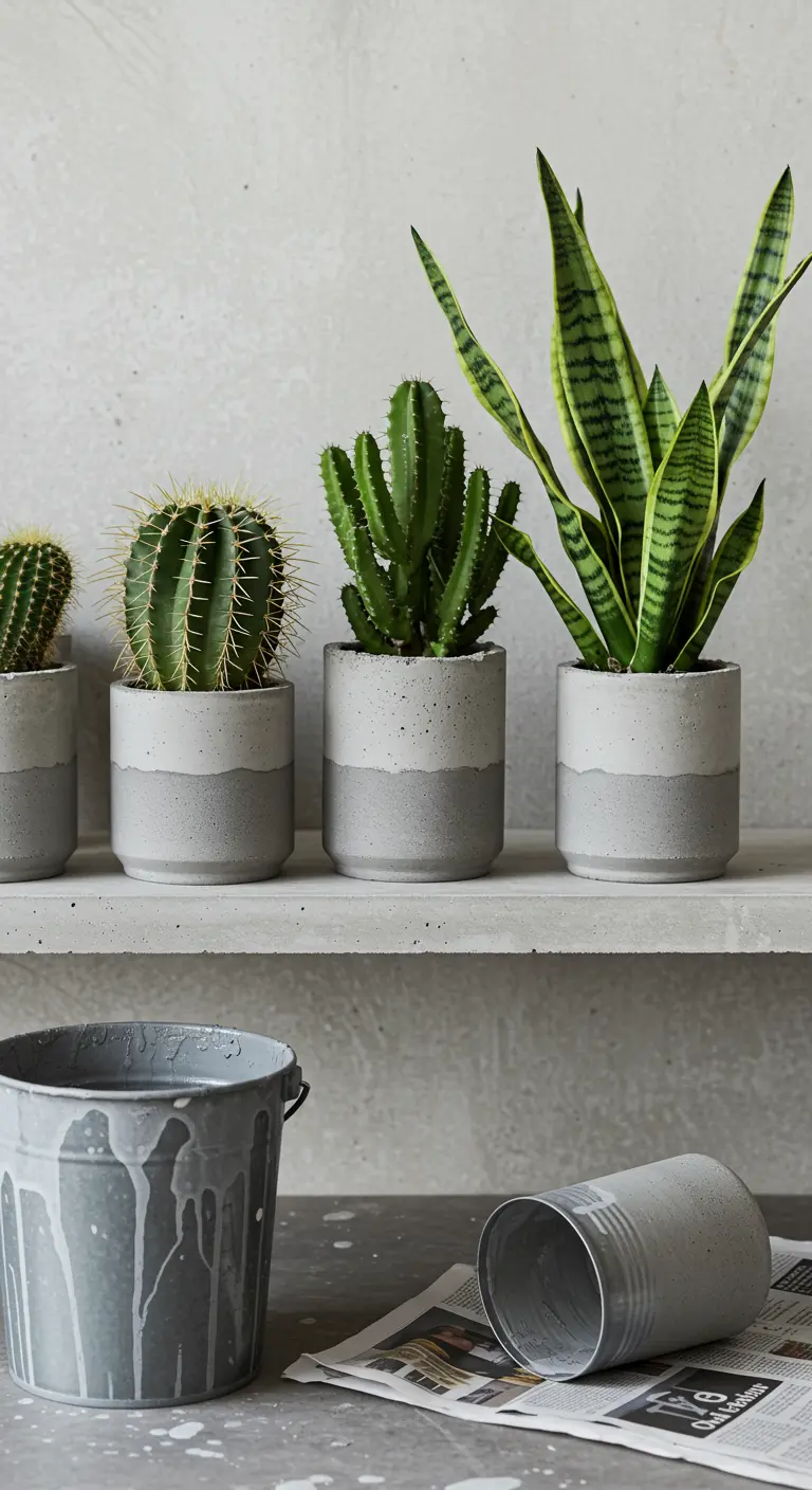 Macetas de lata con un acabado texturizado que imita el cemento gris.