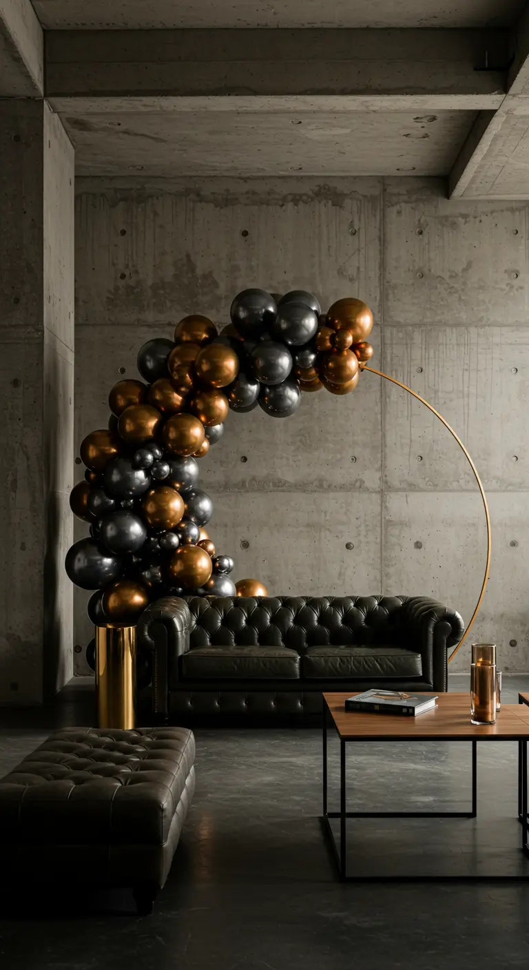 Guirnalda de globos negros y cobre sobre un aro metálico dorado.