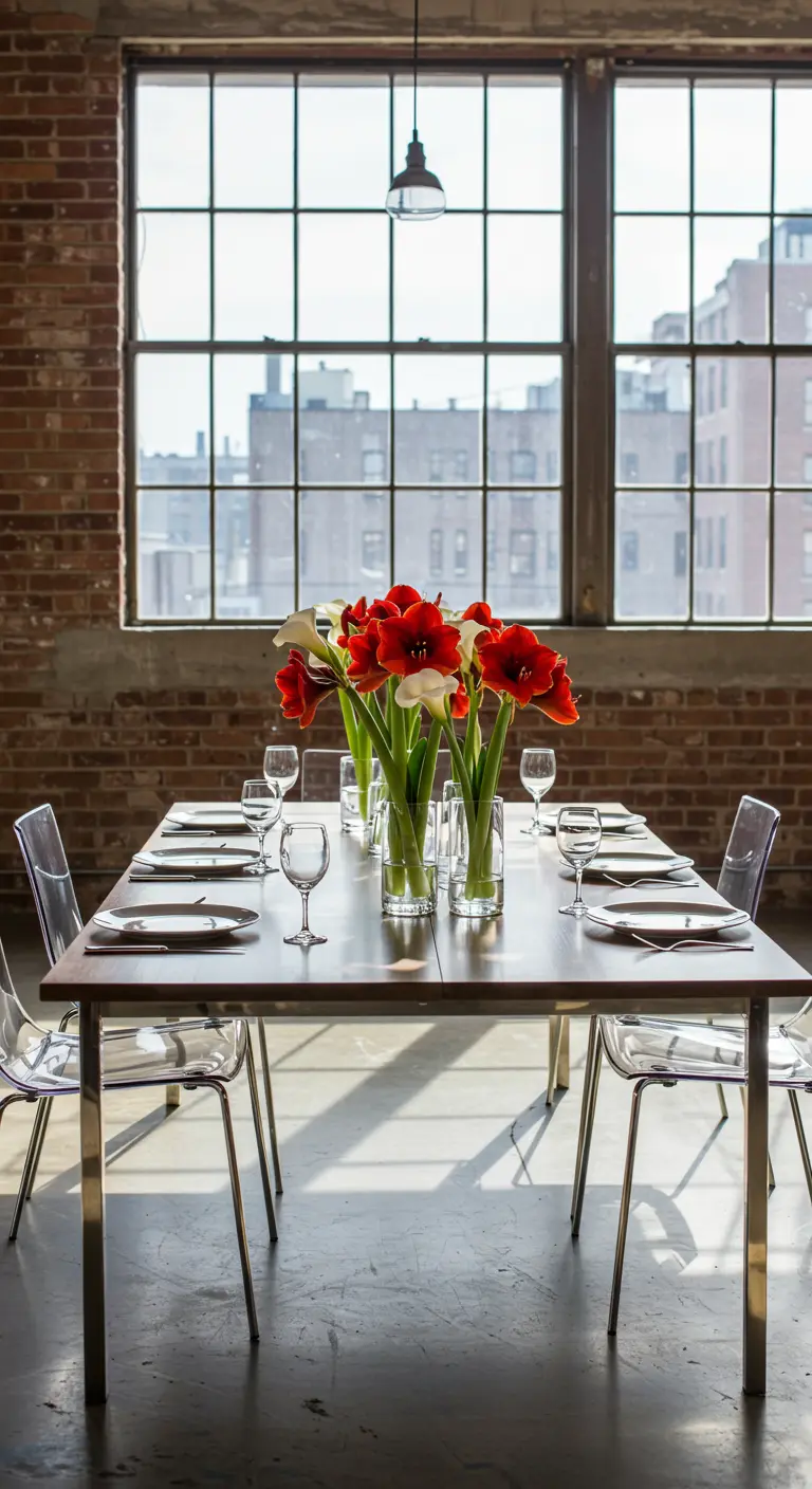 Mesa en un loft industrial con jarrones de cristal con amarilis rojas y calas blancas.