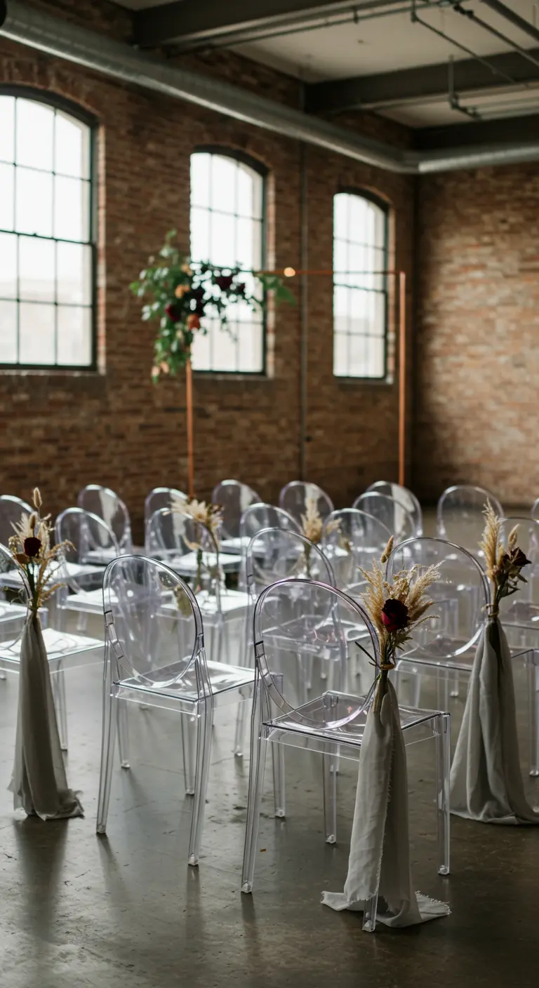Sillas transparentes 'ghost' con un lazo de tela gris y un pequeño ramo de flores secas.