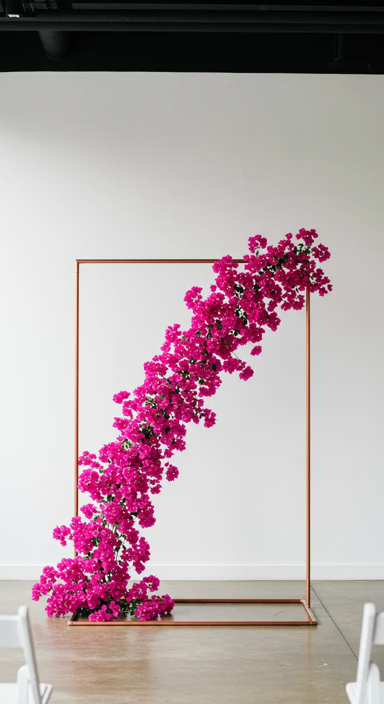 Marco de cobre minimalista decorado con un arreglo asimétrico de buganvillas fucsias.