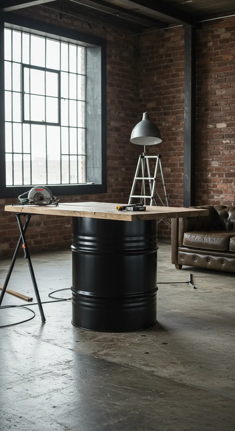 Mesa con base de barril de metal negro y tablero de madera en un espacio de estilo industrial