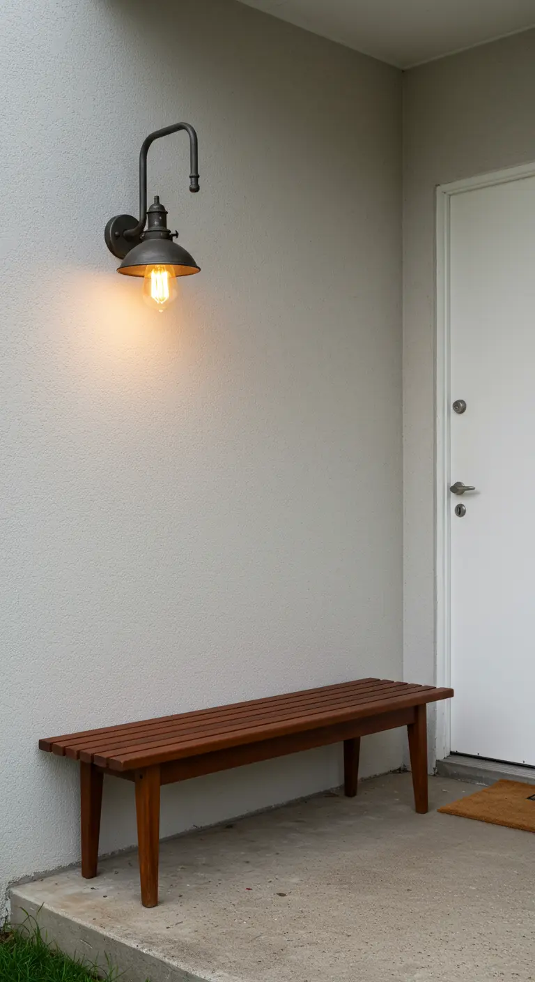 Entrada minimalista con un banco de madera de listones y un aplique industrial negro sobre una pared lisa.