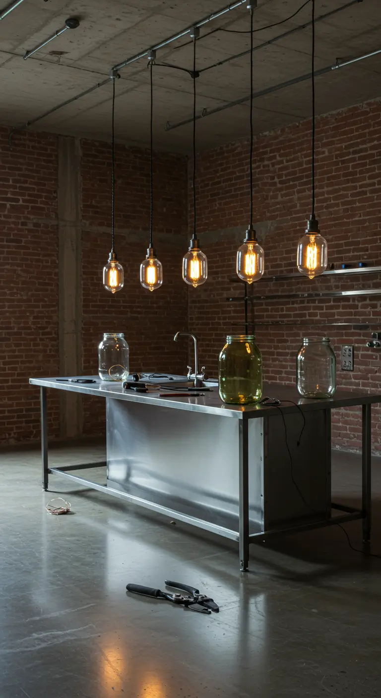 Cinco lámparas colgantes de frasco de vidrio con cable negro sobre una isla de cocina de acero inoxidable.