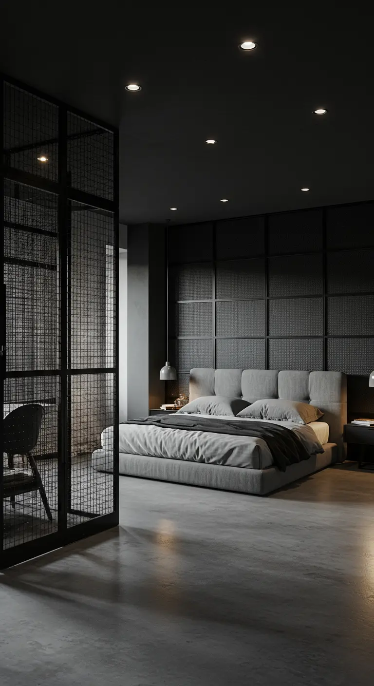 Dormitorio minimalista con paredes y suelo de cemento, y separadores de rejilla metálica