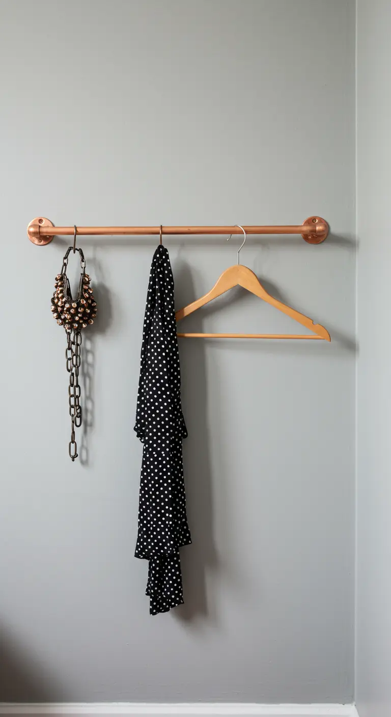 Barra de cobre instalada en la pared como un perchero minimalista para ropa.