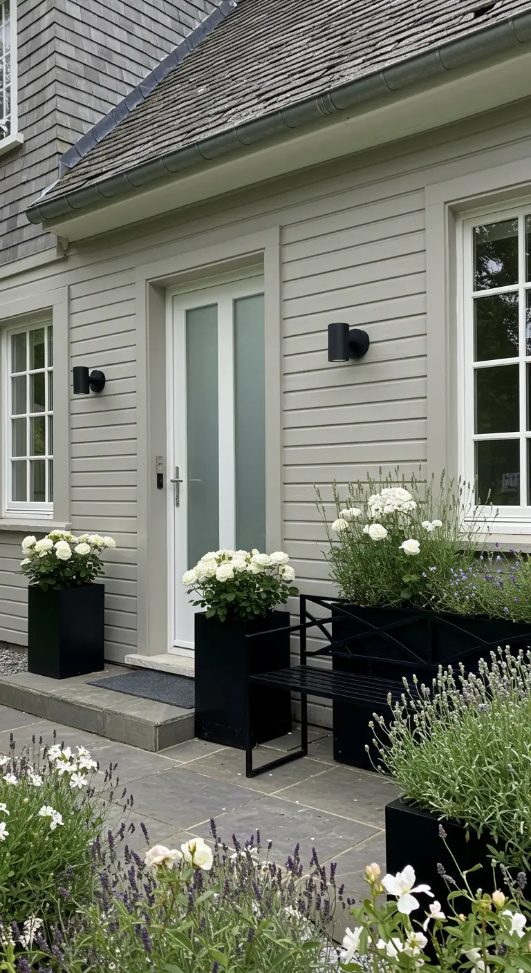 Entrada moderna con maceteros negros cuadrados, rosas blancas, lavanda y un banco negro minimalista.