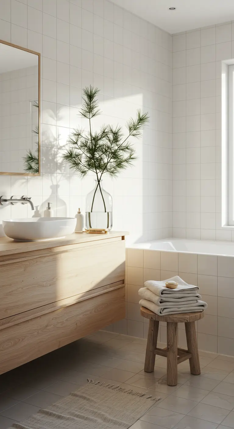 Baño minimalista con mueble de madera clara y una rama de pino en un jarrón de cristal.
