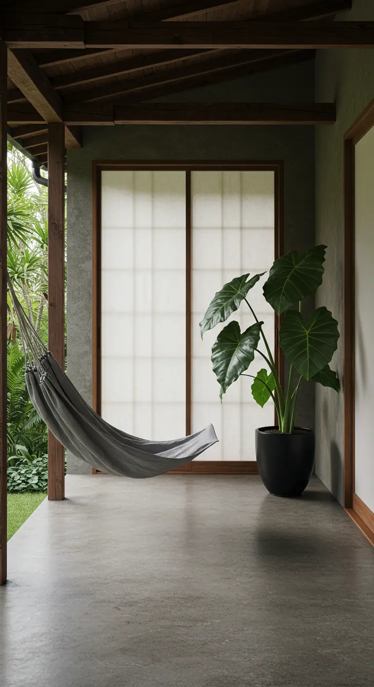 Porche minimalista de estilo japonés con suelo de hormigón, puertas correderas y una hamaca gris.