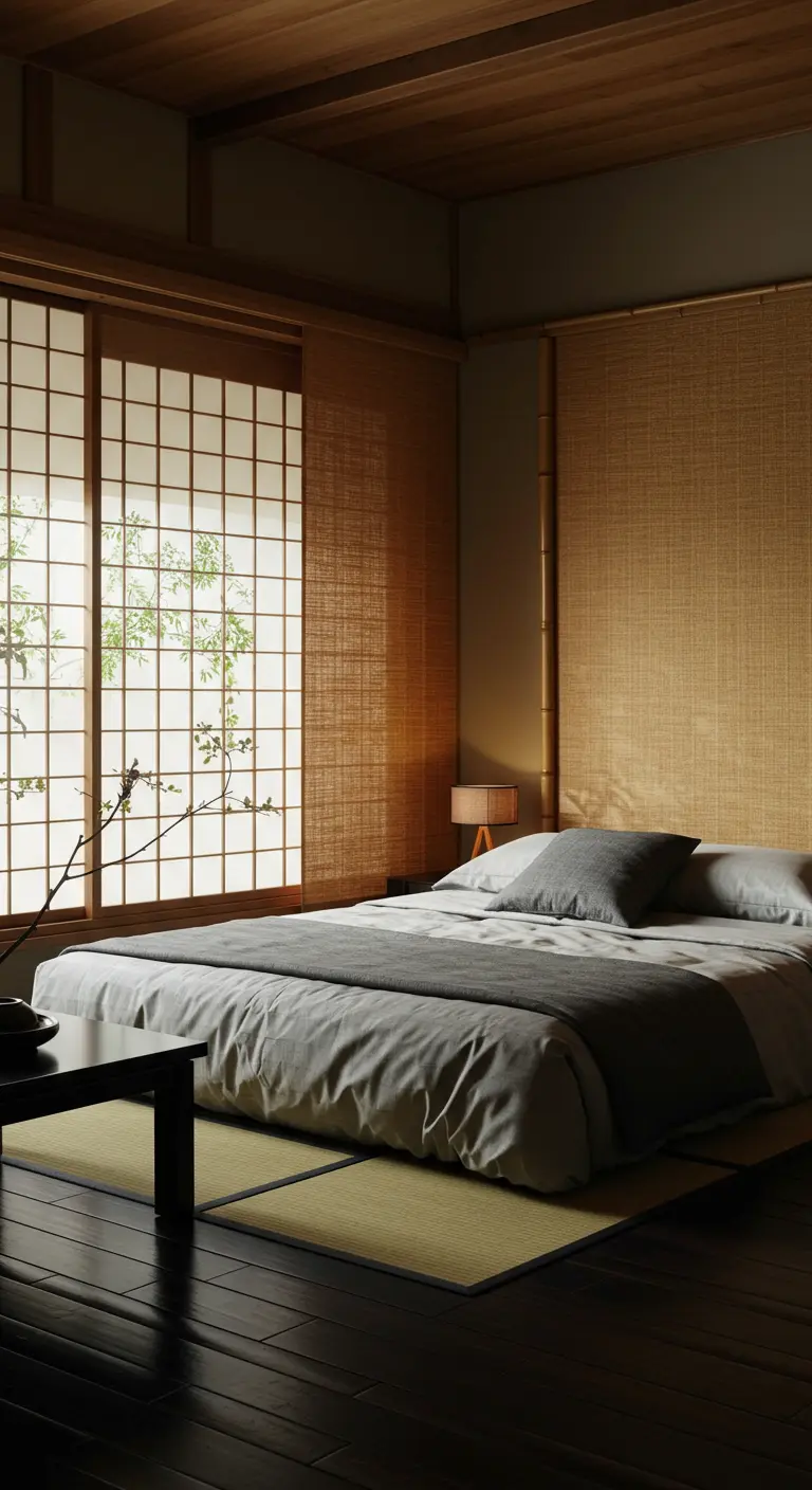 Cabecero de estilo japonés hecho con paneles de fibra natural similar al tatami, en un dormitorio sereno