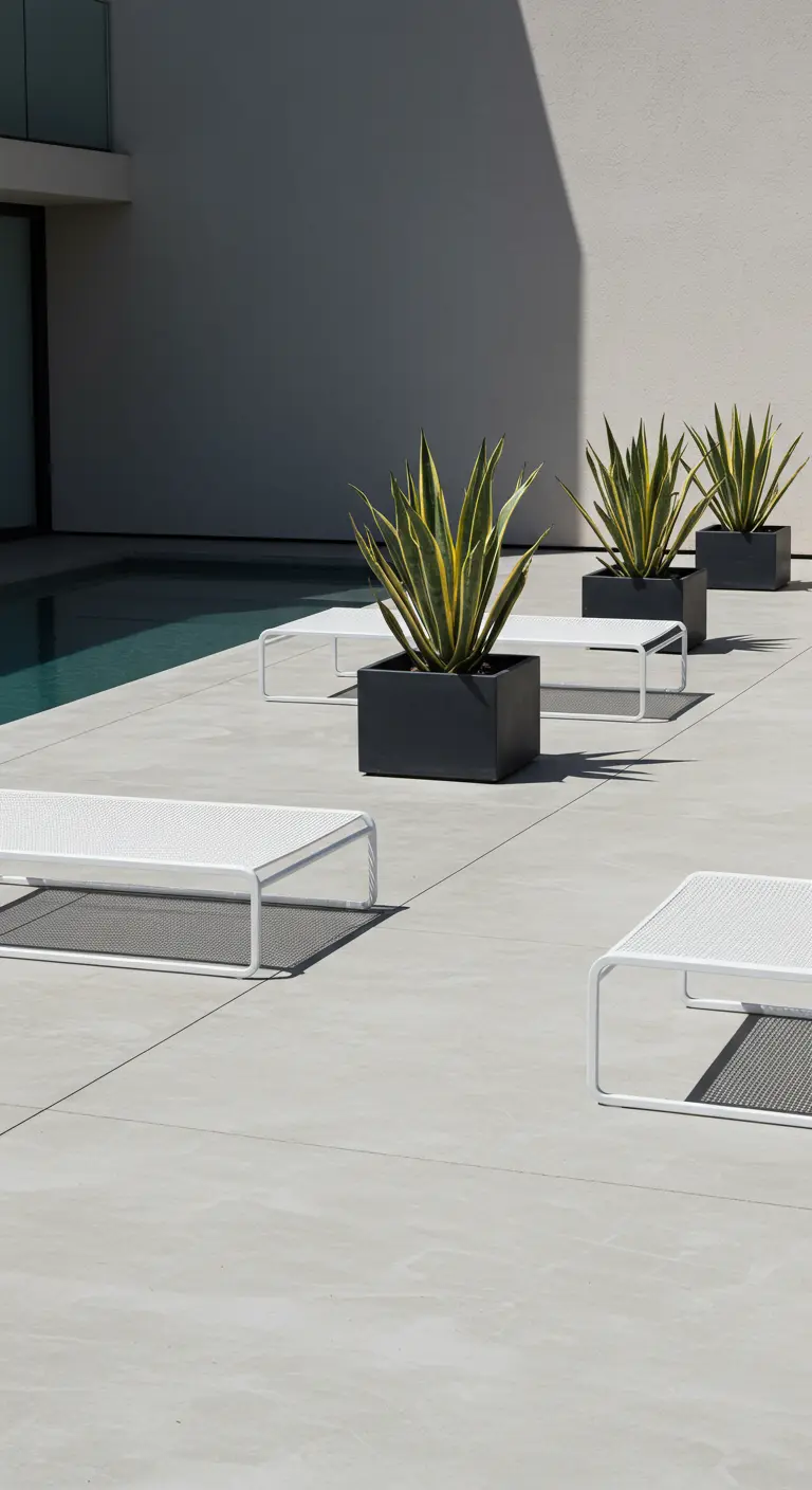 Zona de piscina minimalista con tumbonas blancas y macetas negras cuadradas con sansevierias en fila