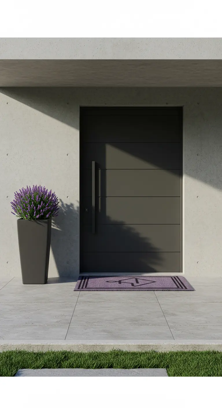 Entrada moderna con una maceta de lavanda y un felpudo a juego en tonos lavanda.