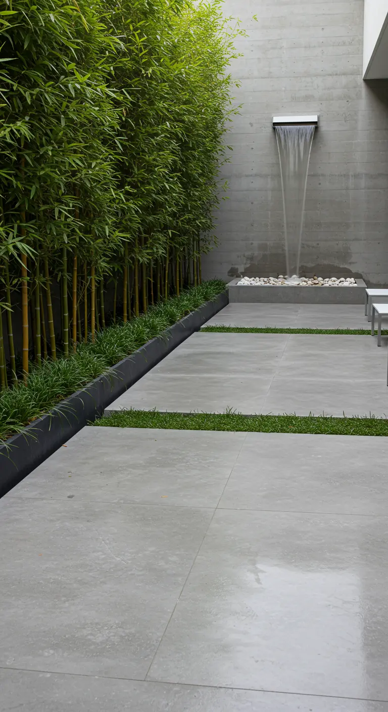 Patio moderno y minimalista con pared de hormigón, una fuente de cascada y una hilera de bambú.
