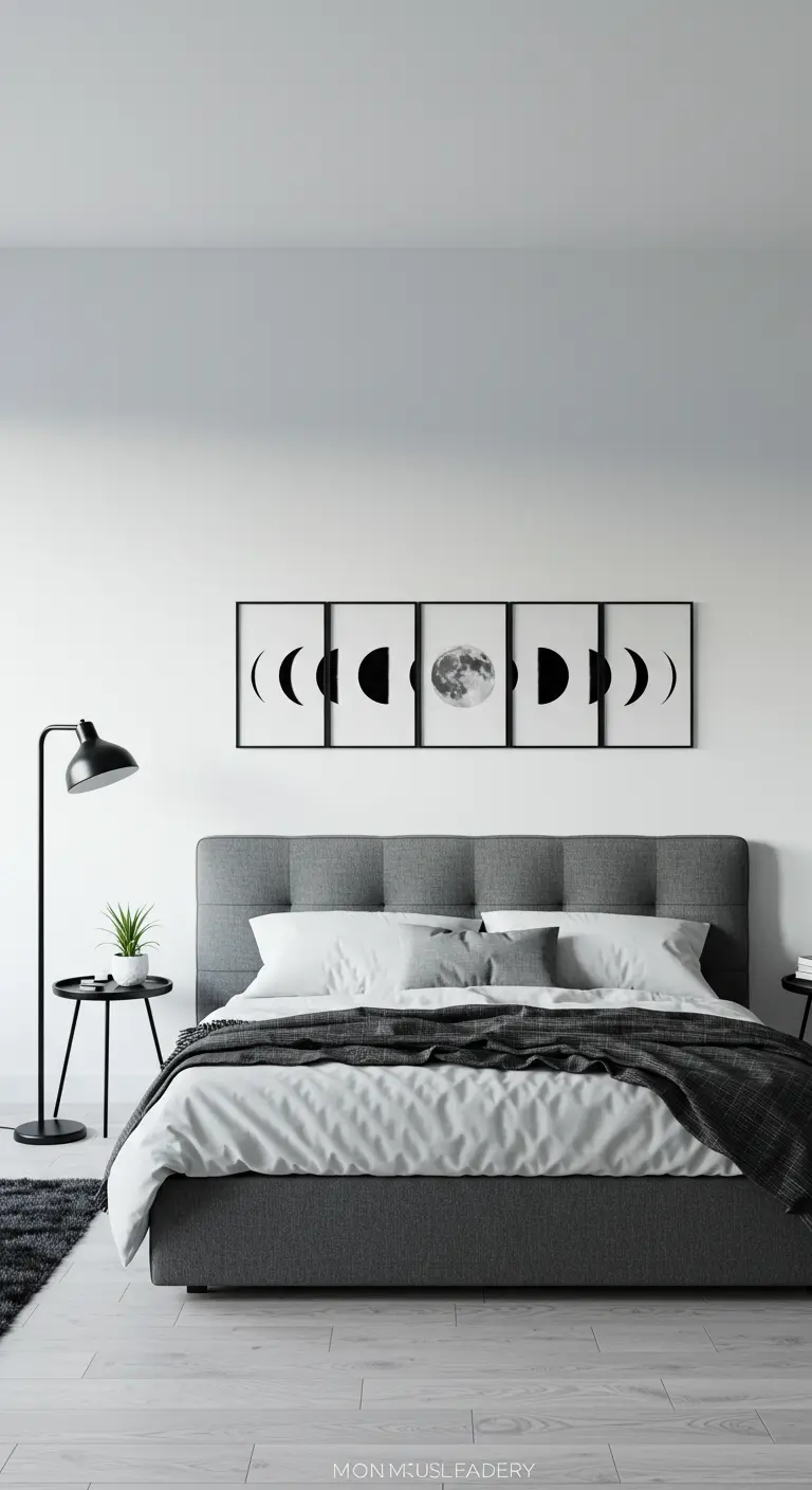 Dormitorio minimalista en blanco y negro con una serie de cuadros de las fases de la luna.