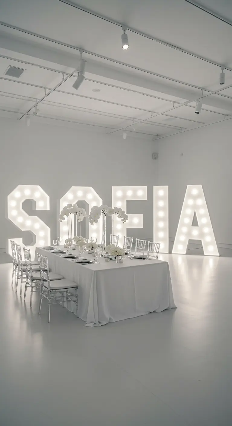Letras blancas 'SOFIA' con luces en una sala totalmente blanca con una mesa elegante.