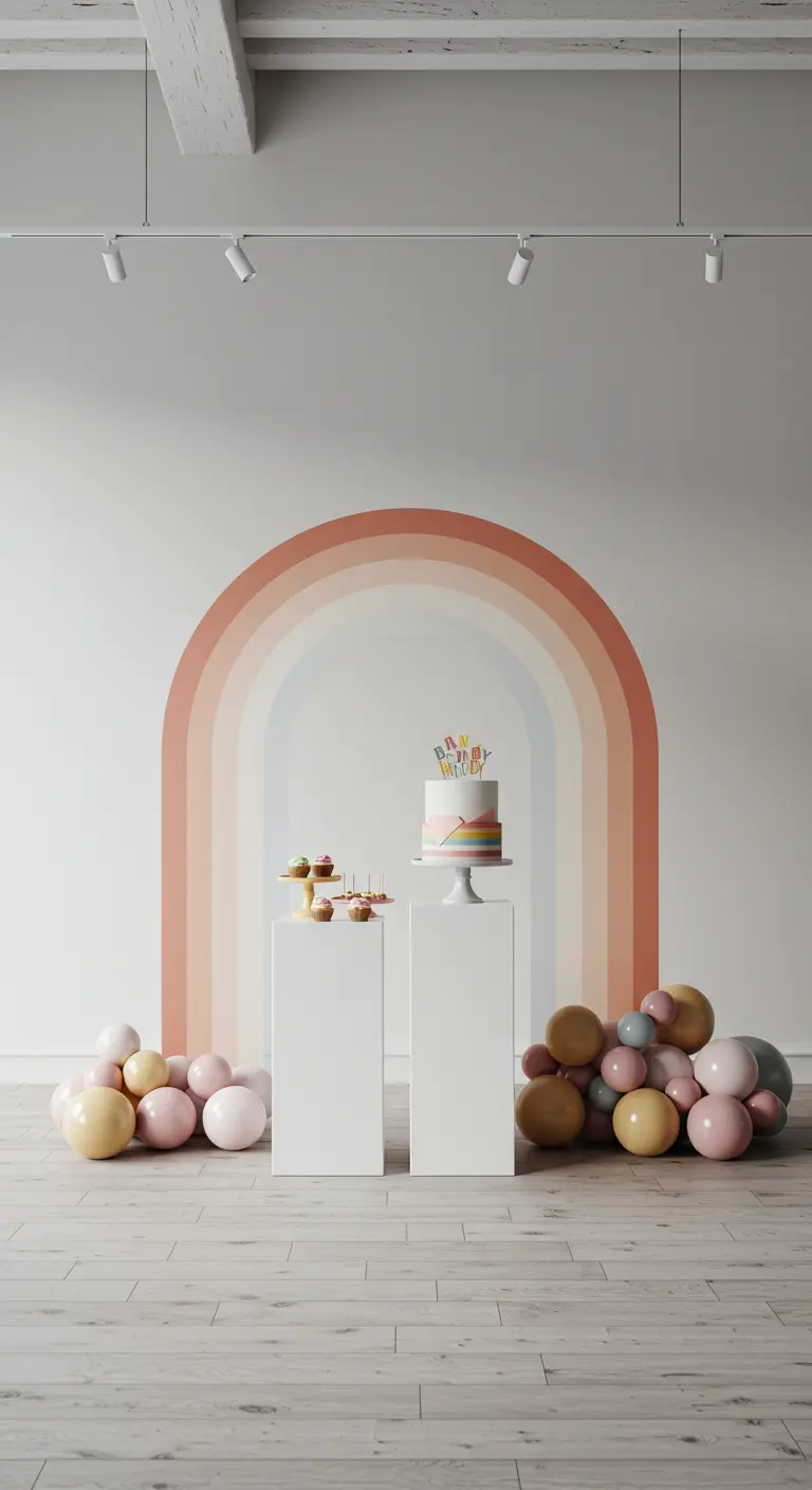 Tarta y cupcakes sobre pedestales blancos frente a un arcoíris pintado en la pared.