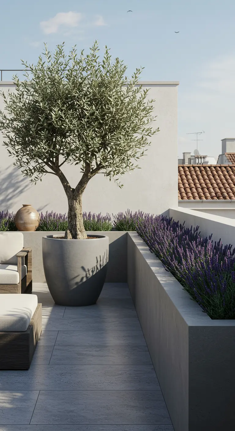 Terraza moderna y minimalista con un olivo en una maceta de cemento gris y lavanda en jardineras.