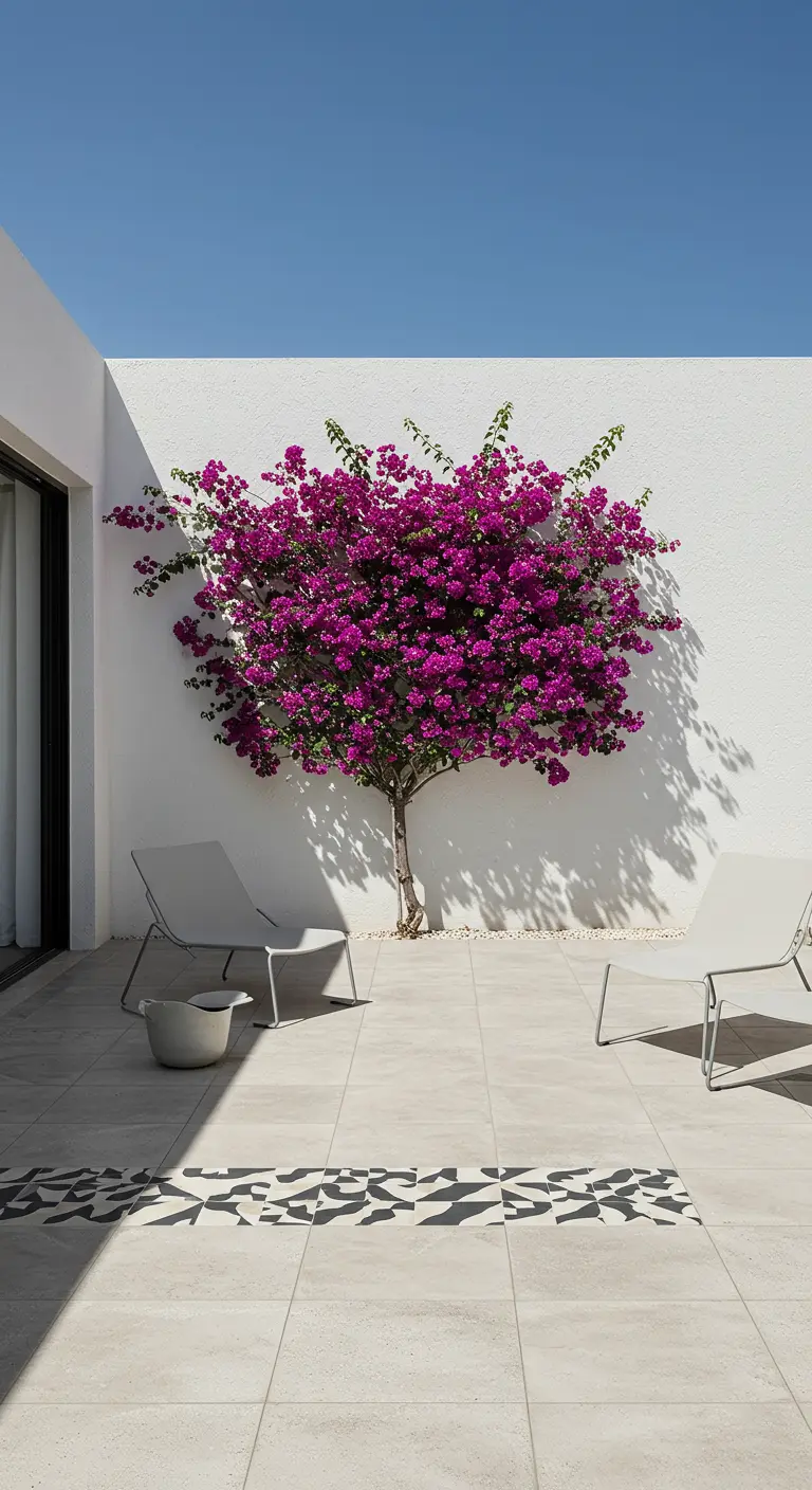 Patio minimalista con una pared blanca, una buganvilla y un suelo decorado con un patrón de azulejos.