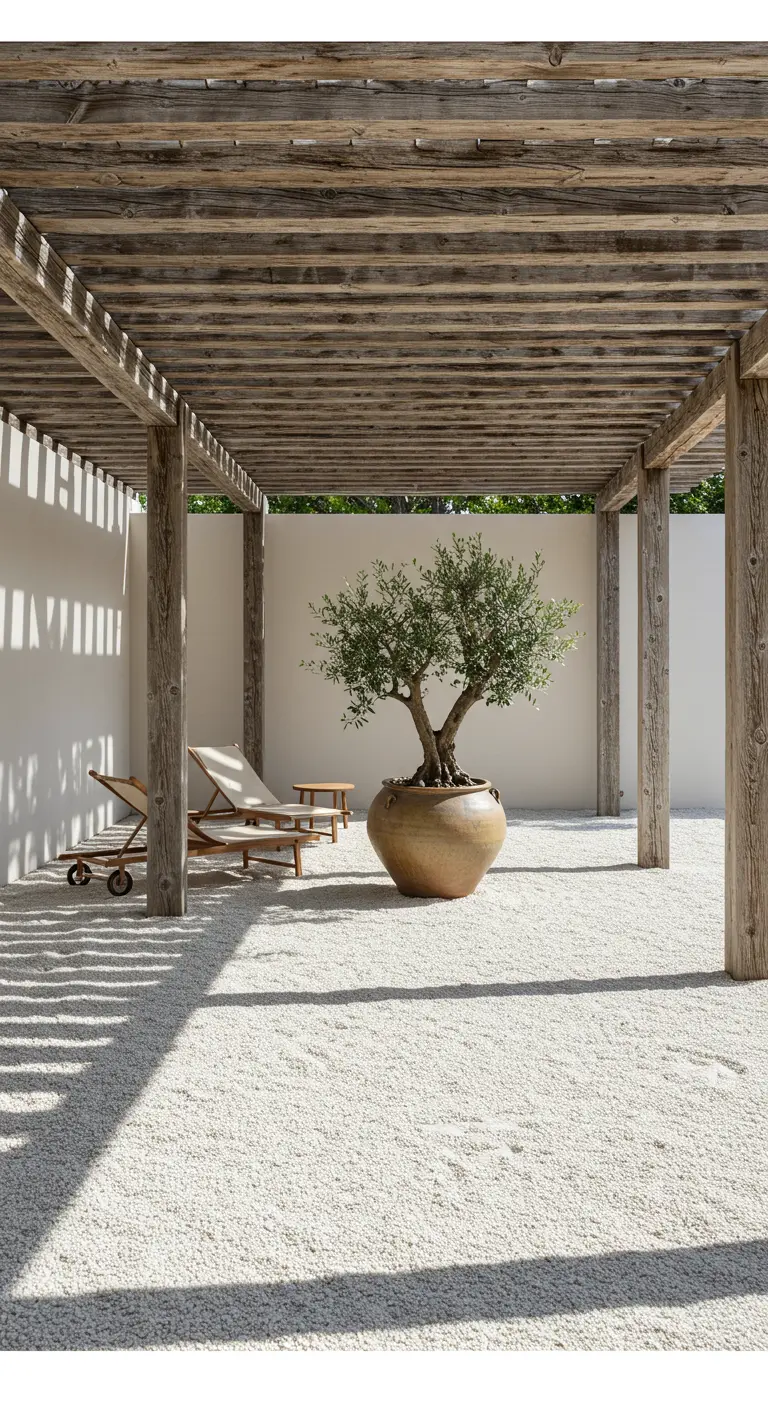 Patio minimalista con pérgola de madera envejecida, suelo de grava blanca y un olivo en una maceta.