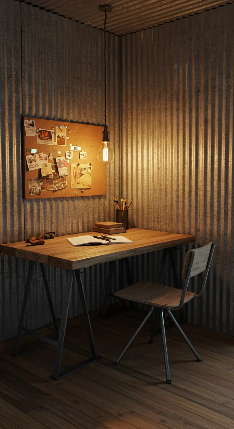 Escritorio de madera en una esquina con paredes de metal corrugado y una bombilla colgante.