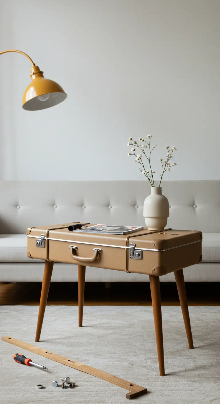 Maleta beige de estilo retro con patas de madera cónicas en una sala de estar minimalista.