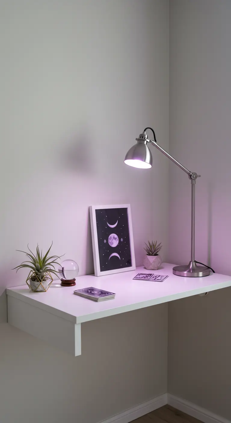 Escritorio flotante blanco minimalista con una lámina de lunas y una suave luz violeta.