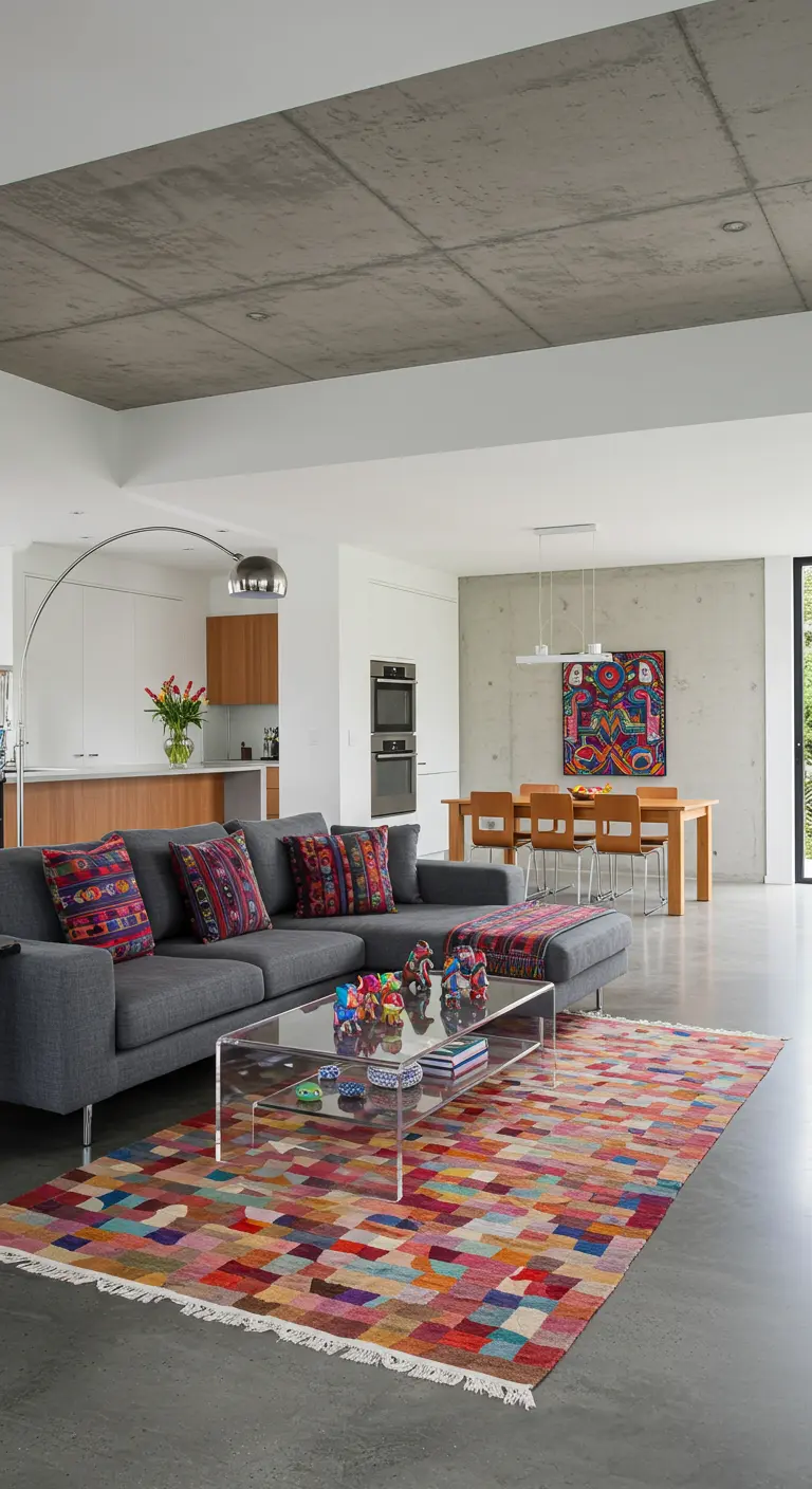 Sala de estar moderna y minimalista con sofá gris, animada por una alfombra y cojines muy coloridos.