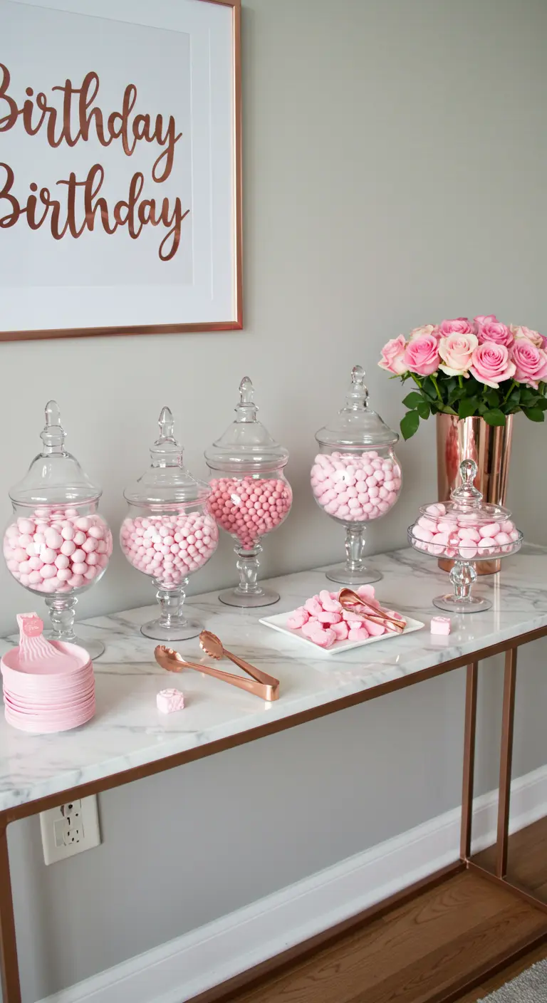 Candy bar minimalista sobre una consola de mármol y cobre con un cuadro tipográfico.