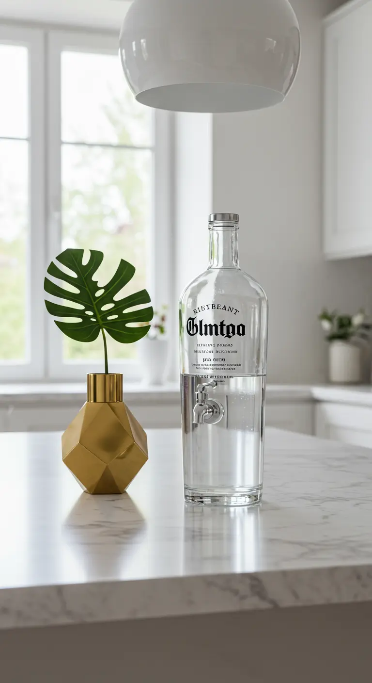 Dispensador de agua en botella de vidrio transparente con grifo plateado en una cocina moderna.