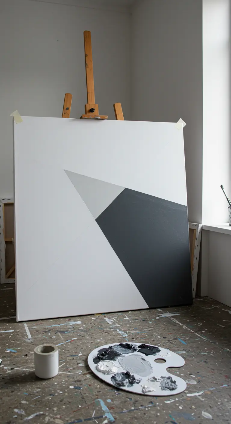 Lienzo blanco con triángulos geométricos pintados en negro y gris junto a una paleta de pintura.