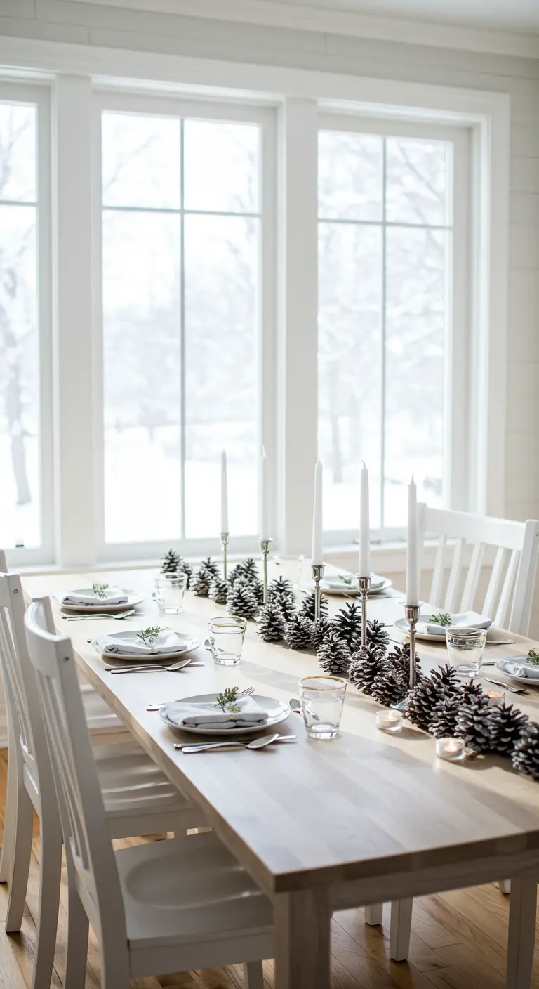 Mesa de madera clara con una simple hilera de piñas nevadas y candelabros delgados.