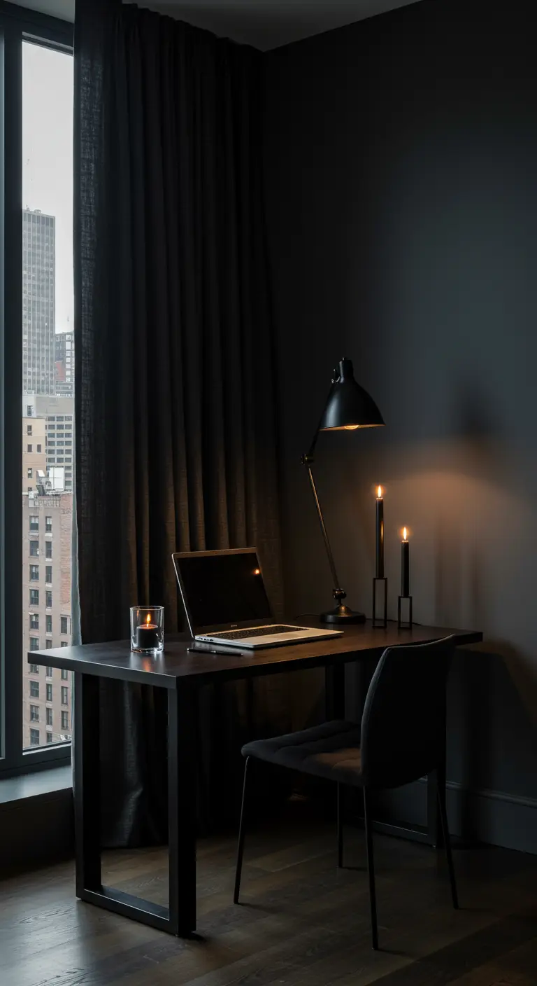 Oficina minimalista y oscura con vistas a la ciudad, iluminada por una lámpara y velas.