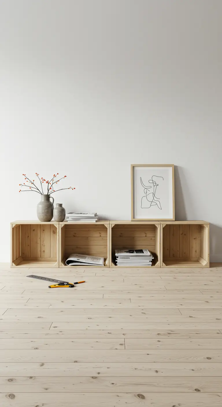Fila de cuatro cajas de madera de tono claro en el suelo, funcionando como mueble bajo minimalista.