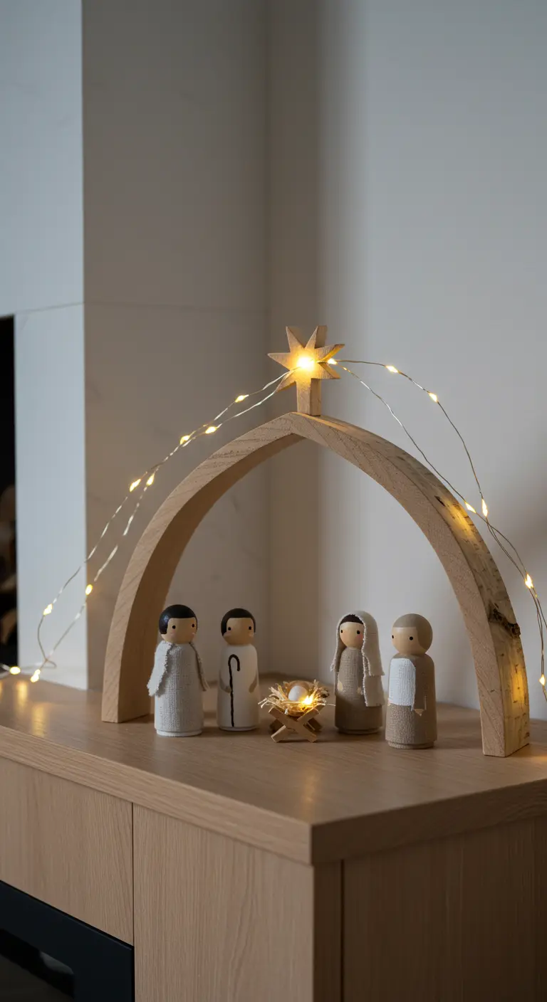 Belen minimalista con un arco de madera y figuras de muñecos de palo sobre un mueble.