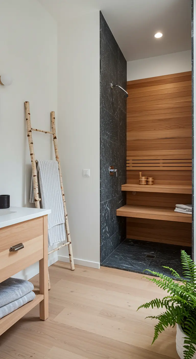 Baño de inspiración escandinava con ducha de pizarra y madera, y una escalera de abedul como toallero.