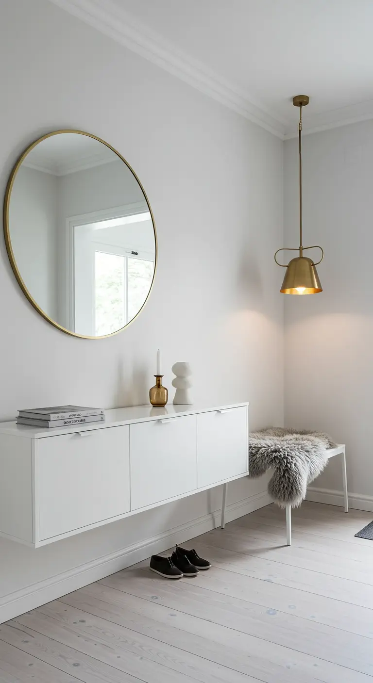 Recibidor de estilo escandinavo con mueble flotante blanco, espejo redondo y lámpara dorada.