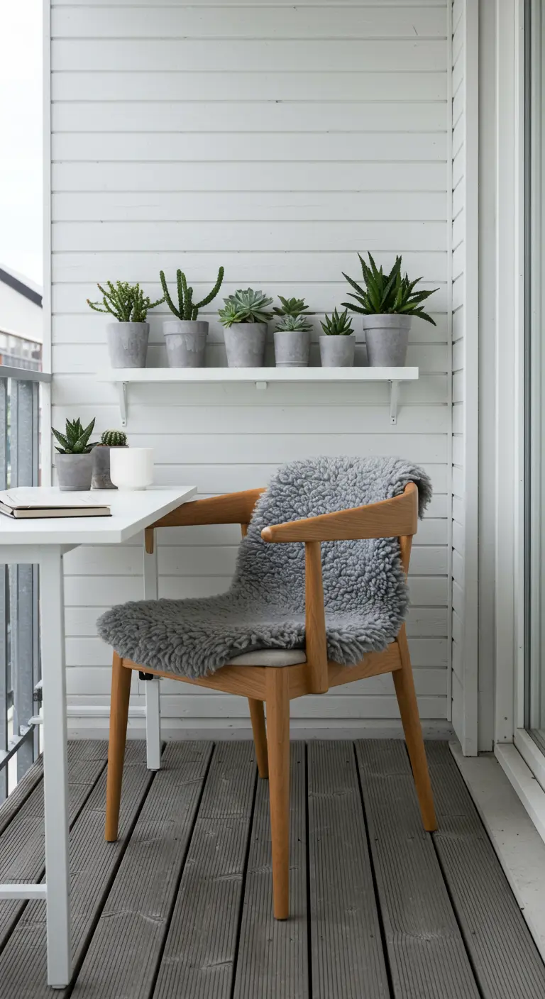 Espacio de trabajo minimalista en balcón con silla de madera y piel de oveja gris.