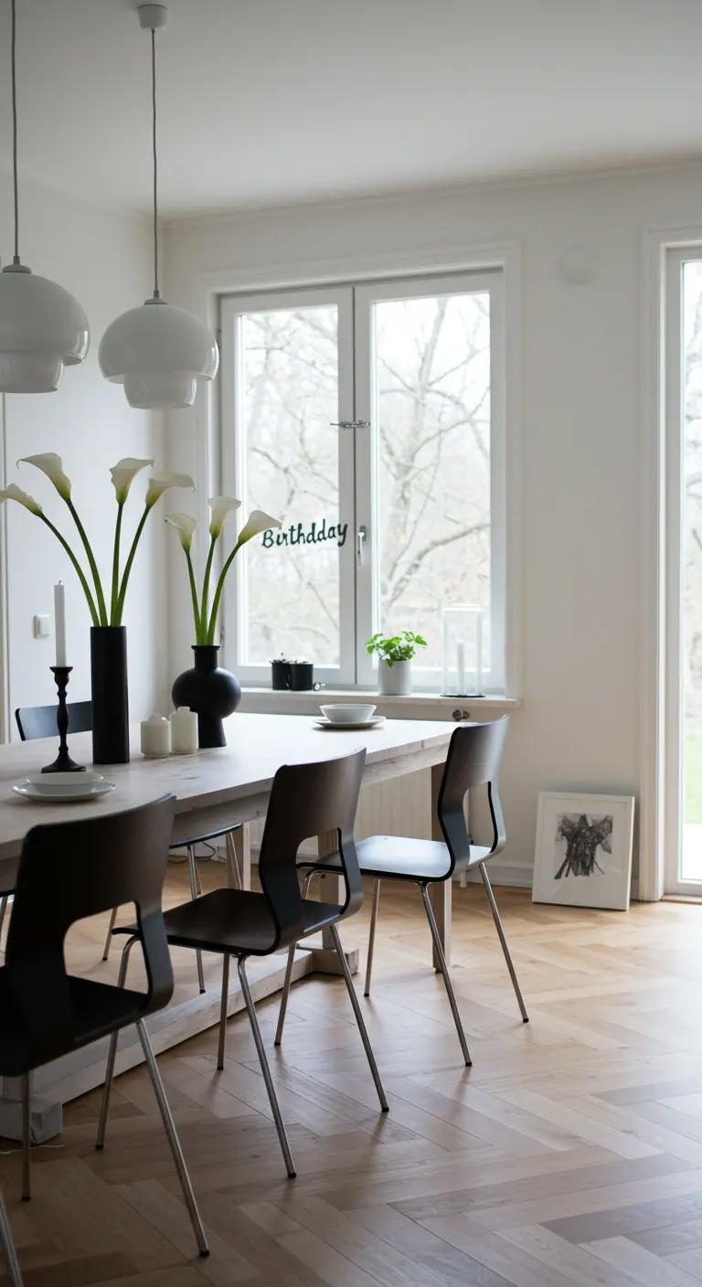 Comedor minimalista decorado con calas blancas en jarrones negros y una palabra en la ventana.