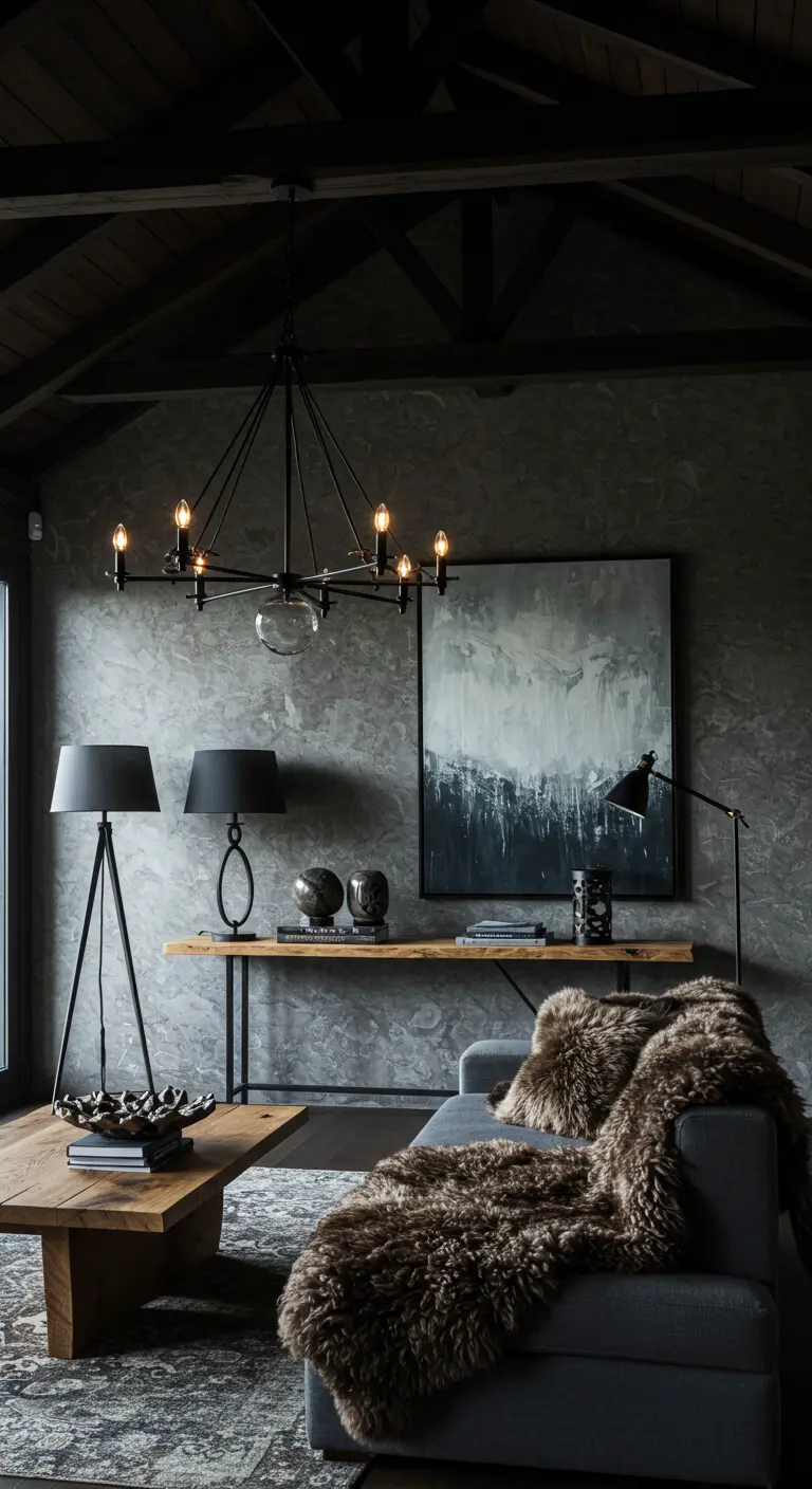 Sala de estar de estilo escandinavo oscuro con paredes grises texturizadas y detalles en negro.