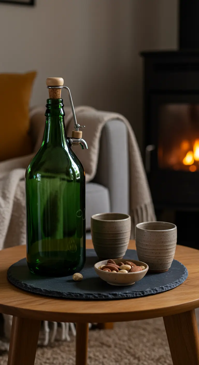 Damajuana de vidrio verde con un dispensador de agua moderno insertado en la parte superior.
