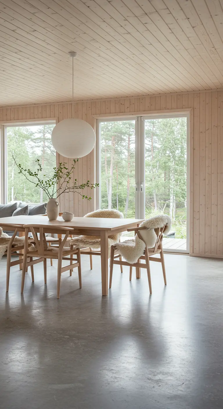 Comedor de estilo escandinavo con techo y paredes de madera clara y lámpara esférica