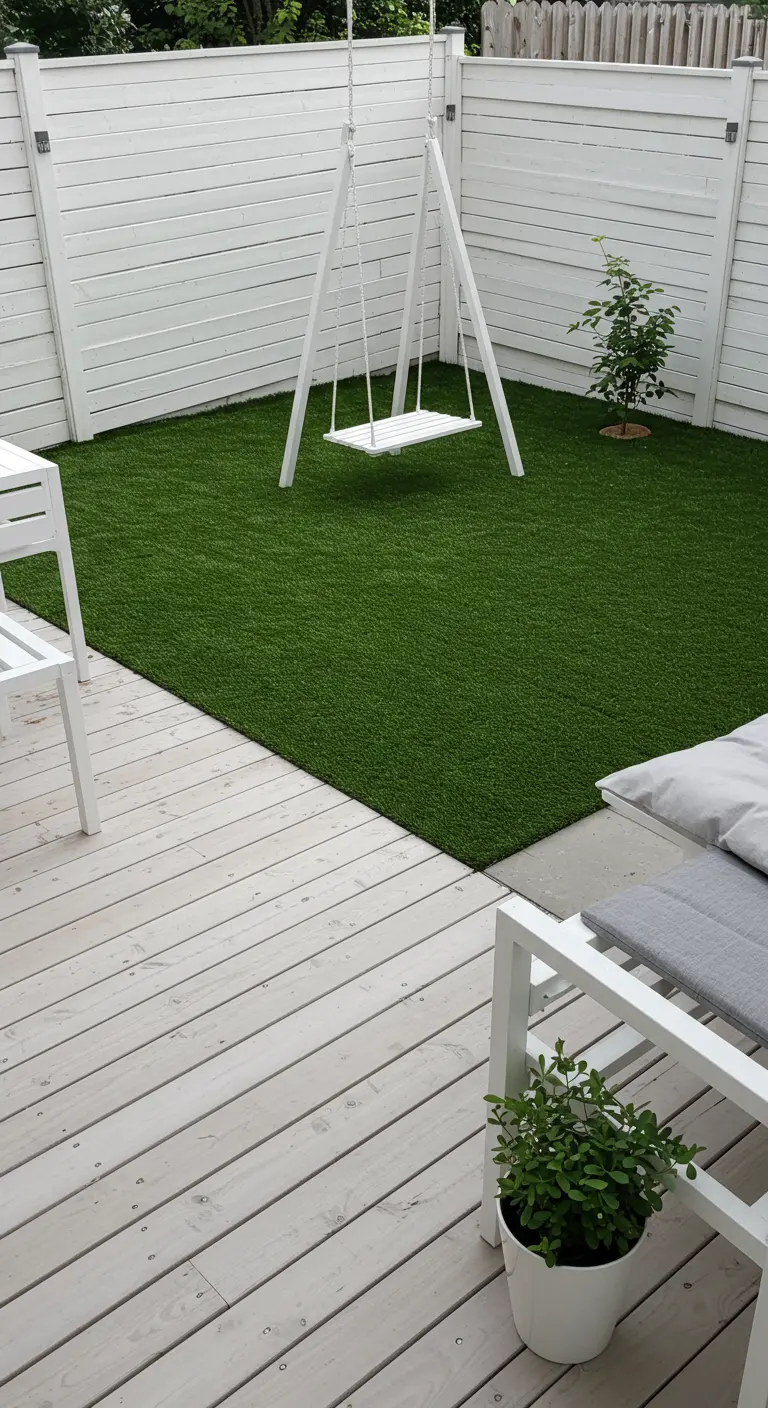 Patio minimalista con tarima de madera blanca, césped artificial y un columpio blanco de diseño simple