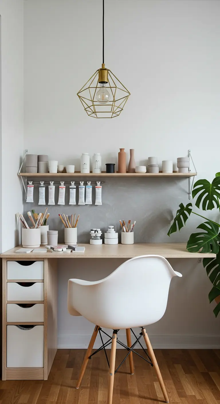 Escritorio minimalista escandinavo con silla blanca y lámpara geométrica dorada.