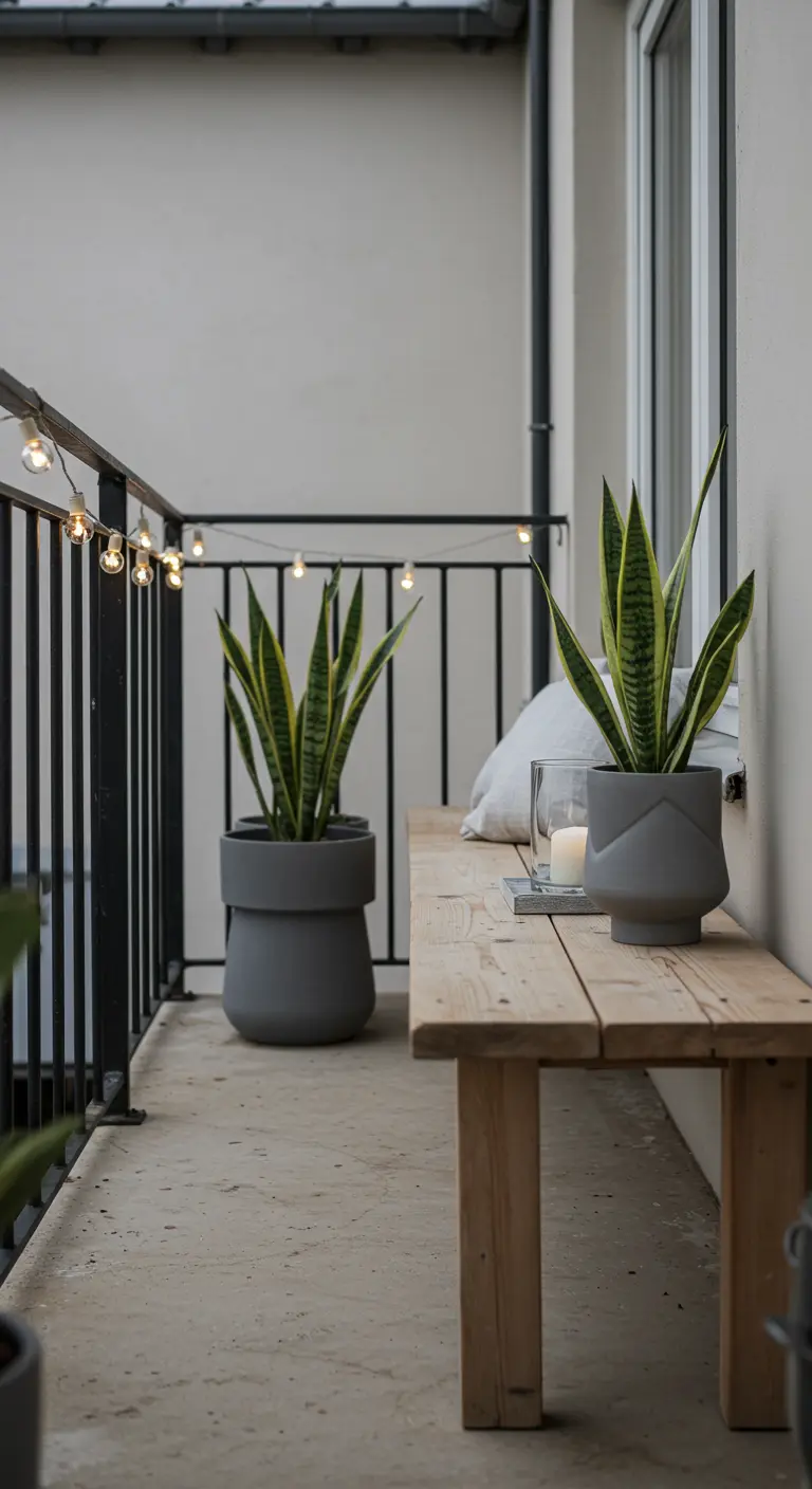Balcón minimalista con un banco de madera, dos grandes macetas grises y una tira de luces