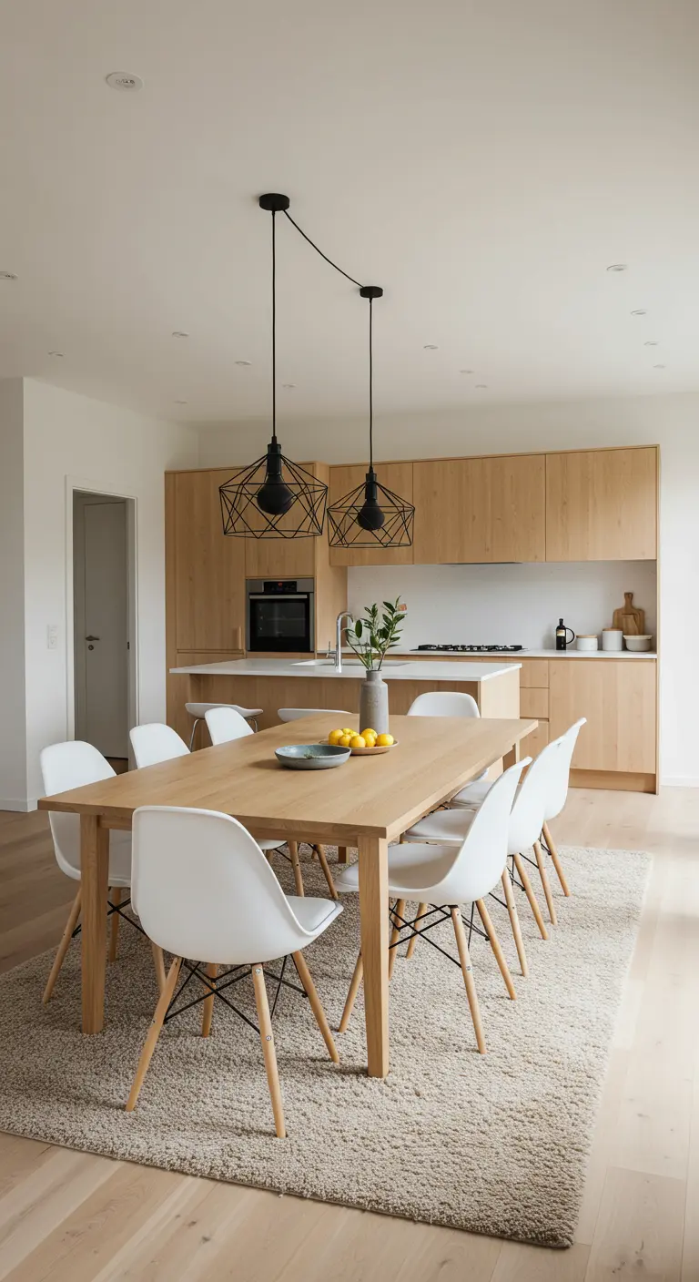 Cocina y comedor de estilo nórdico con madera clara y lámparas negras geométricas.